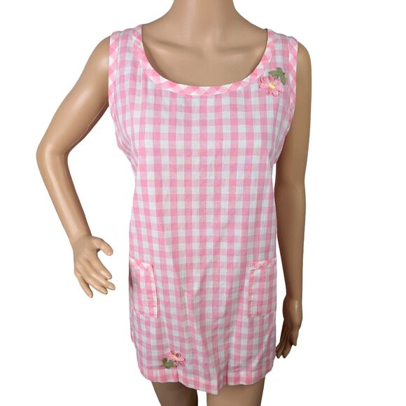 American Vintage Tops - VTG 60s Handmade Gingham Apron Pink White Floral Applique Cottagecore Prairie